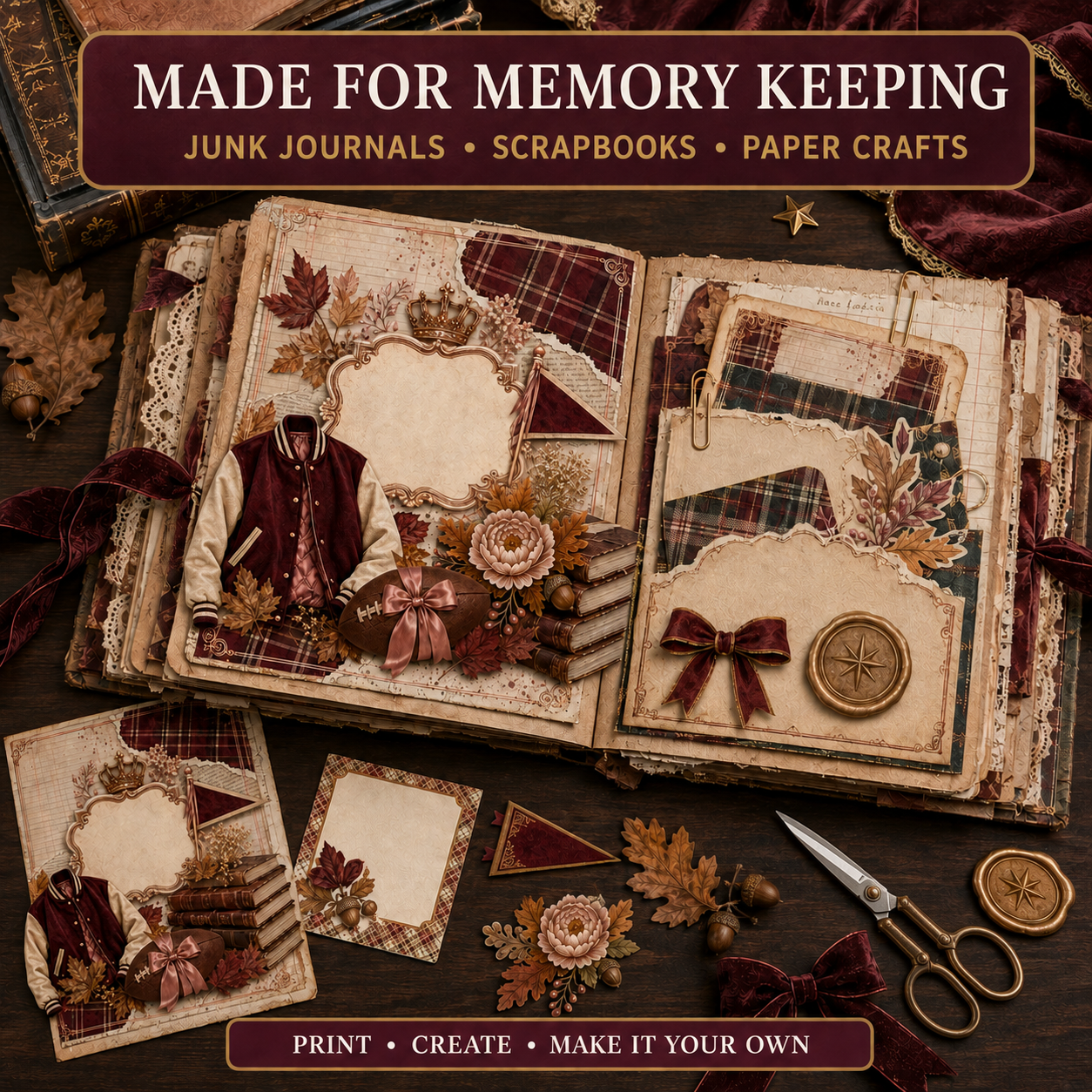Preppy Autumn Junk Journal Mini Set | 5 Printable Pages & 8 Transparent PNG Elements