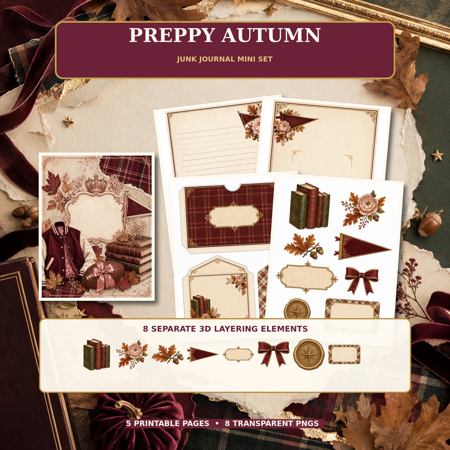 Preppy Autumn Junk Journal Mini Set | 5 Printable Pages & 8 Transparent PNG Elements
