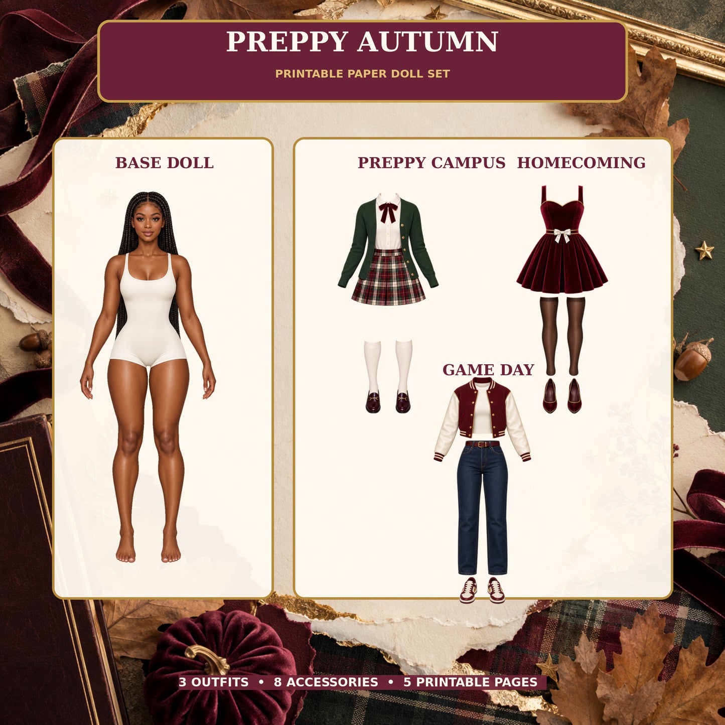 Preppy Autumn Printable Paper Doll Set | 3 Outfits, 8 Accessories & 5 Printable Pages