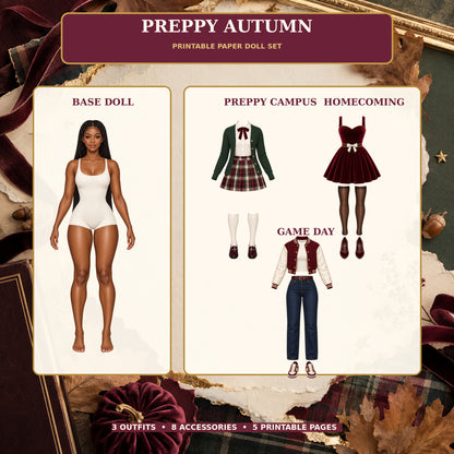 Preppy Autumn Printable Paper Doll Set | 3 Outfits, 8 Accessories & 5 Printable Pages