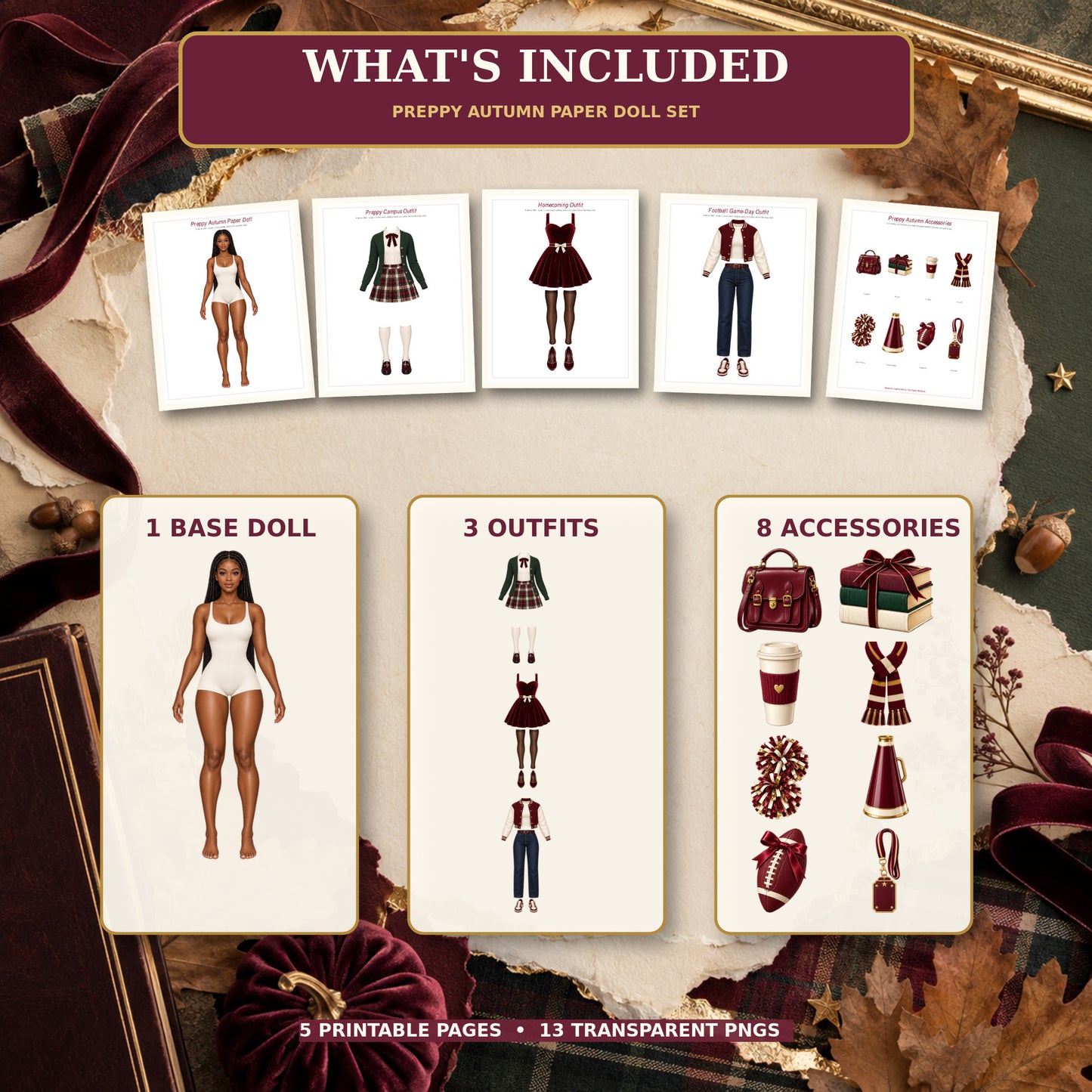 Preppy Autumn Printable Paper Doll Set | 3 Outfits, 8 Accessories & 5 Printable Pages