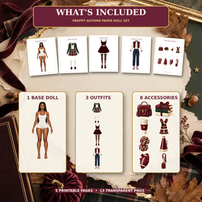 Preppy Autumn Printable Paper Doll Set | 3 Outfits, 8 Accessories & 5 Printable Pages
