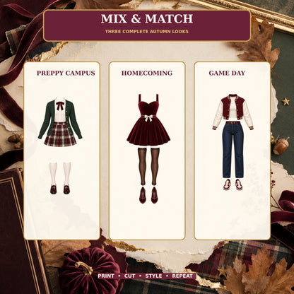 Preppy Autumn Printable Paper Doll Set | 3 Outfits, 8 Accessories & 5 Printable Pages