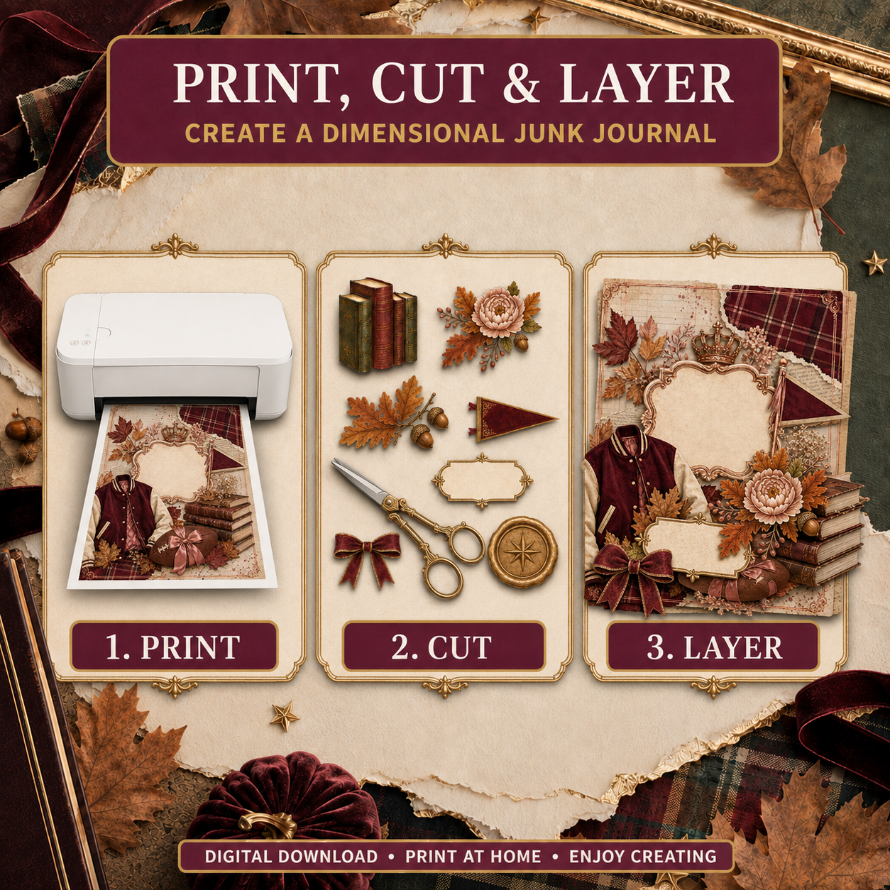 Preppy Autumn Junk Journal Mini Set | 5 Printable Pages & 8 Transparent PNG Elements