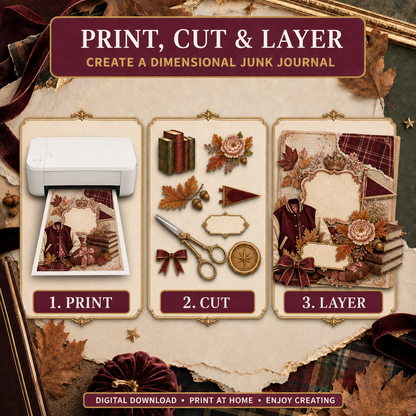 Preppy Autumn Junk Journal Mini Set | 5 Printable Pages & 8 Transparent PNG Elements