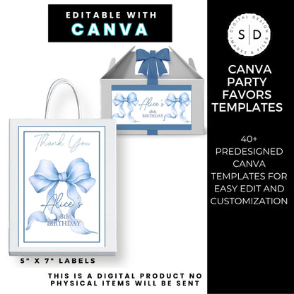 Dusty Blue Coquette Bow Party Favor Canva Template Bundle ✨