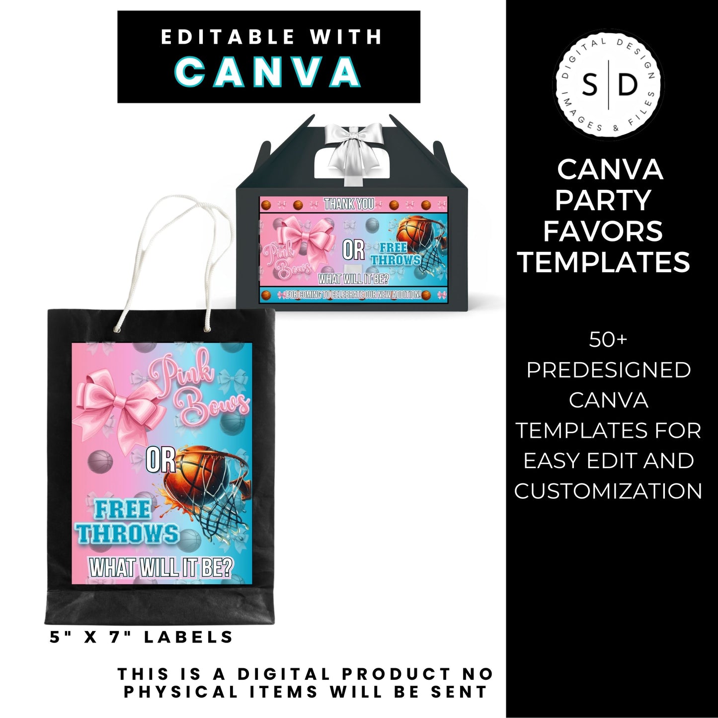 Pink Bows or Free Throws Gender Reveal Party Favor Canva Template Bundle