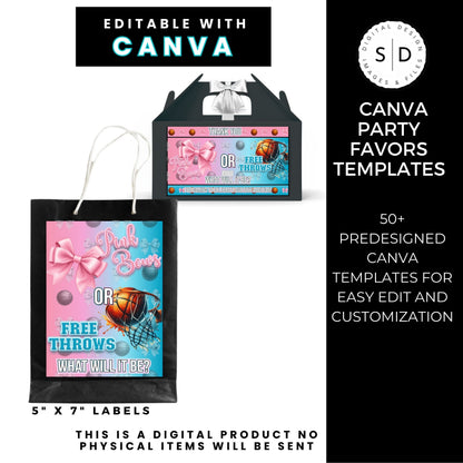 Pink Bows or Free Throws Gender Reveal Party Favor Canva Template Bundle