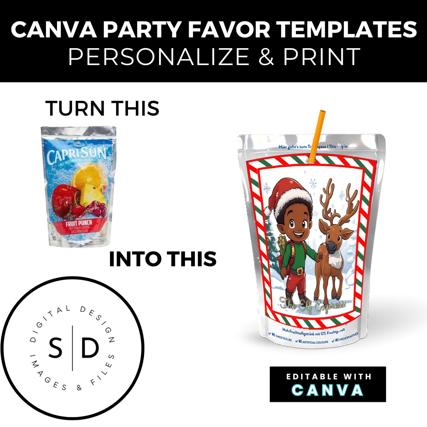 Elf Boy Express Christmas Eve Gift Box Canva Template Bundle