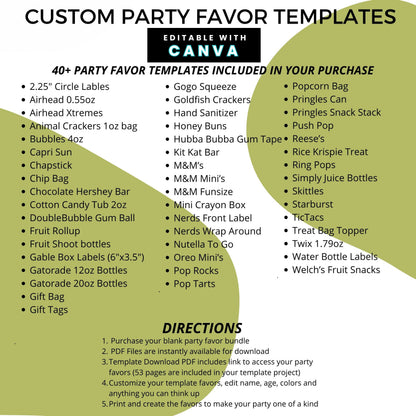 Dusty Blue Coquette Bow Party Favor Canva Template Bundle ✨