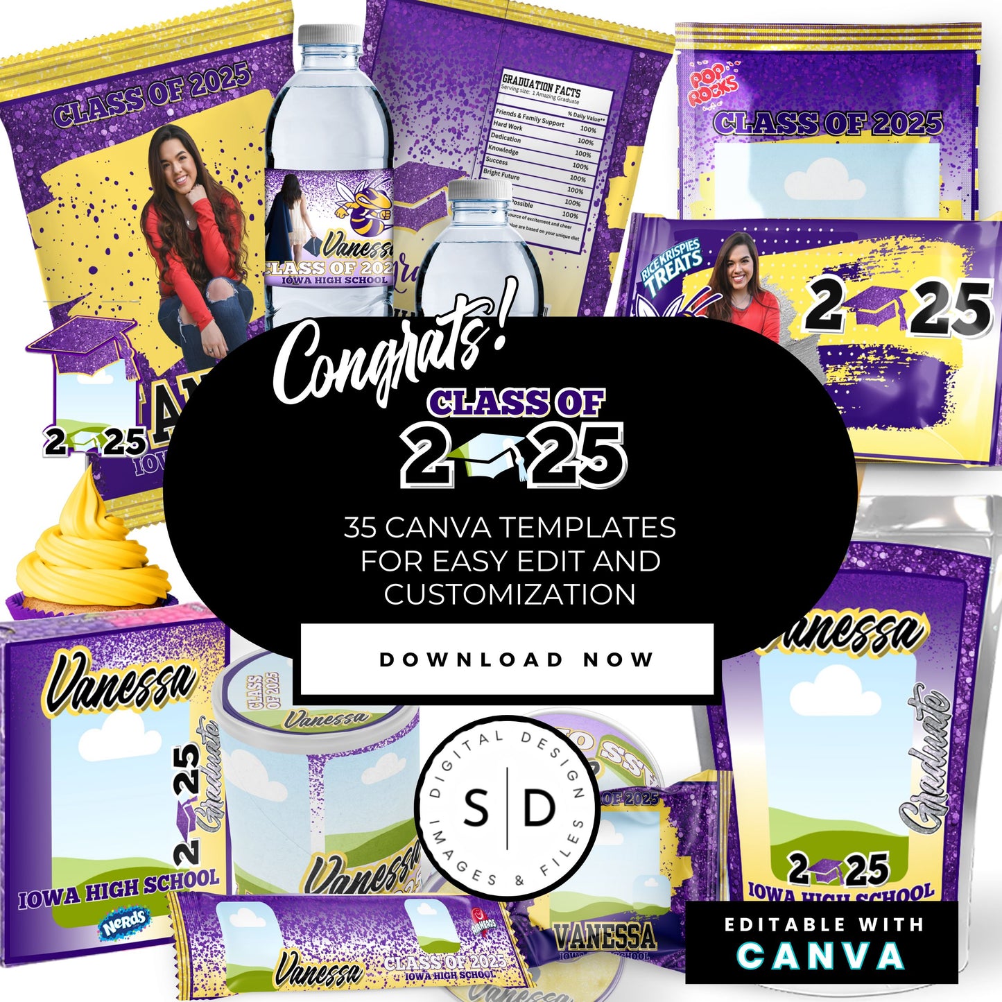Congrats Class of 2025 – Purple & Yellow Graduation Party Favor Bundle