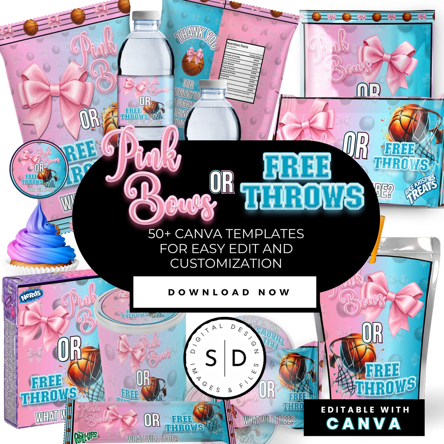 Pink Bows or Free Throws Gender Reveal Party Favor Canva Template Bundle