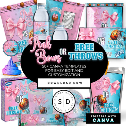 Pink Bows or Free Throws Gender Reveal Party Favor Canva Template Bundle