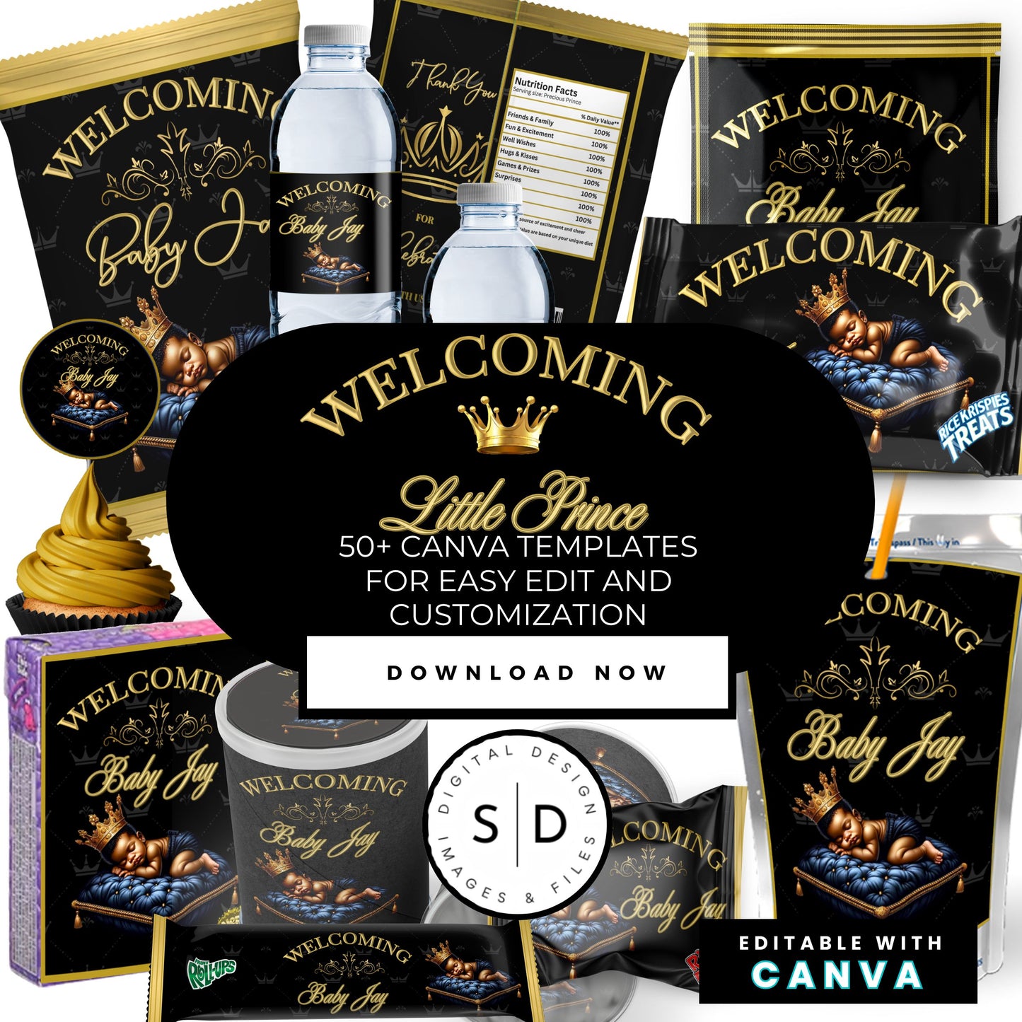 Welcoming Little Prince Baby Shower Canva Templates Bundle