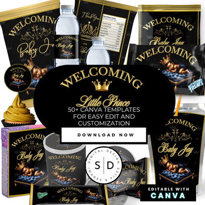 Welcoming Little Prince Baby Shower Canva Templates Bundle