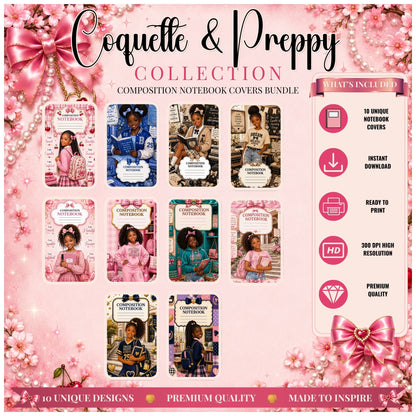Coquette & Preppy Composition Notebook Cover Bundle | 10 Luxury School Cover Designs