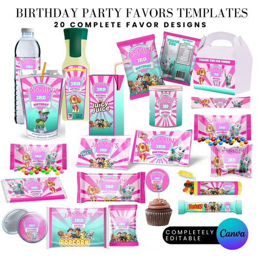 Pink Puppy Patrol Birthday Party Favor Templates Bundle