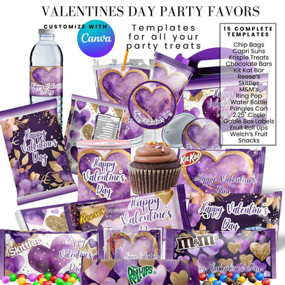 Purple Gold Valentines Party Favors Templates Bundle