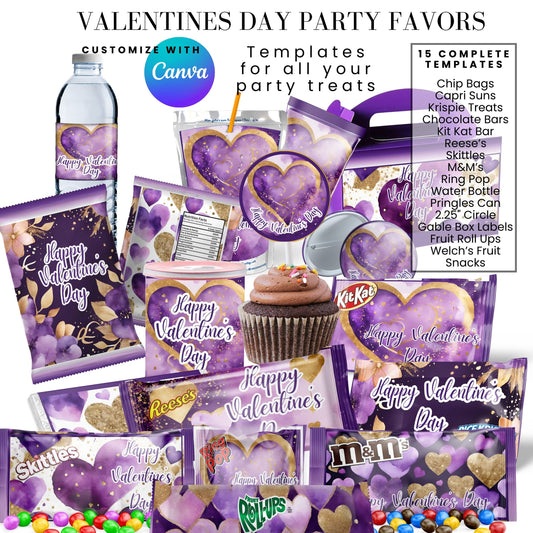 Purple Gold Valentines Party Favors Templates Bundle