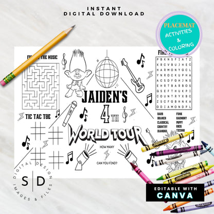 Trolls World Tour Birthday Party Activity Sheet – Editable Canva Template 🎶✨