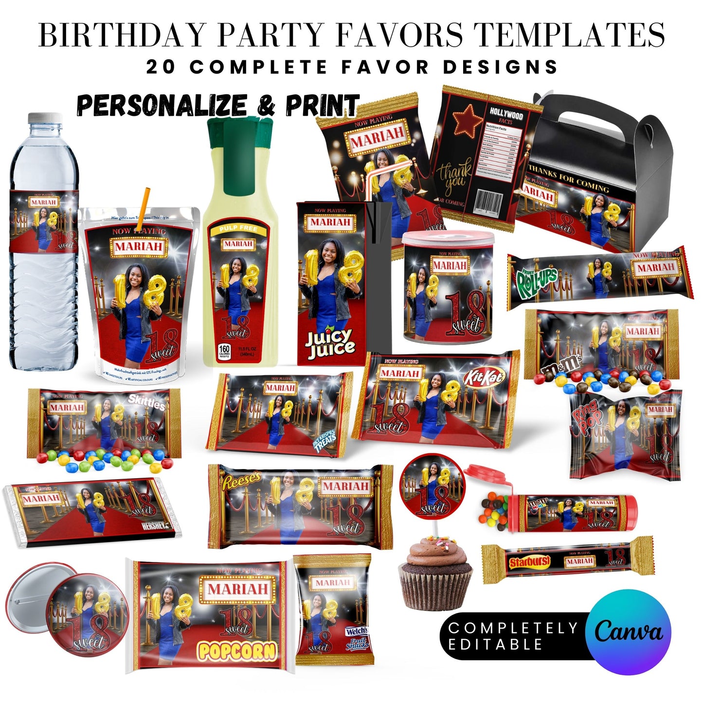 Hollywood Red Carpet Birthday Party Favors Templates Bundle