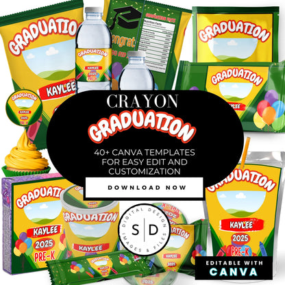 🎓 Crayon Graduation Party Favor Canva Template Bundle