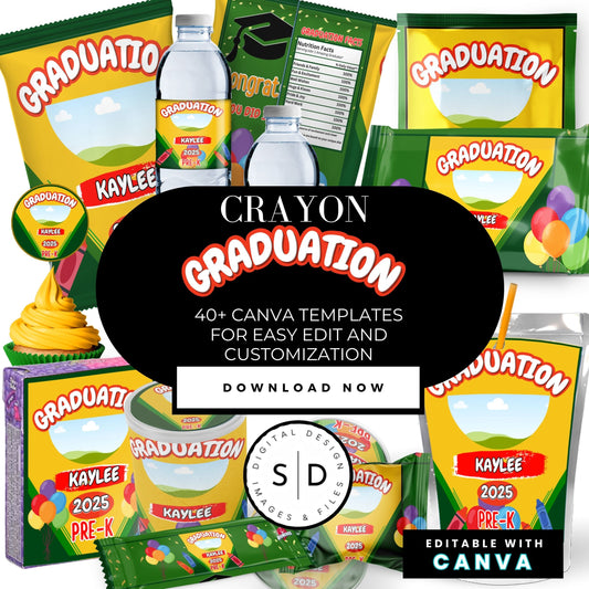 🎓 Crayon Graduation Party Favor Canva Template Bundle
