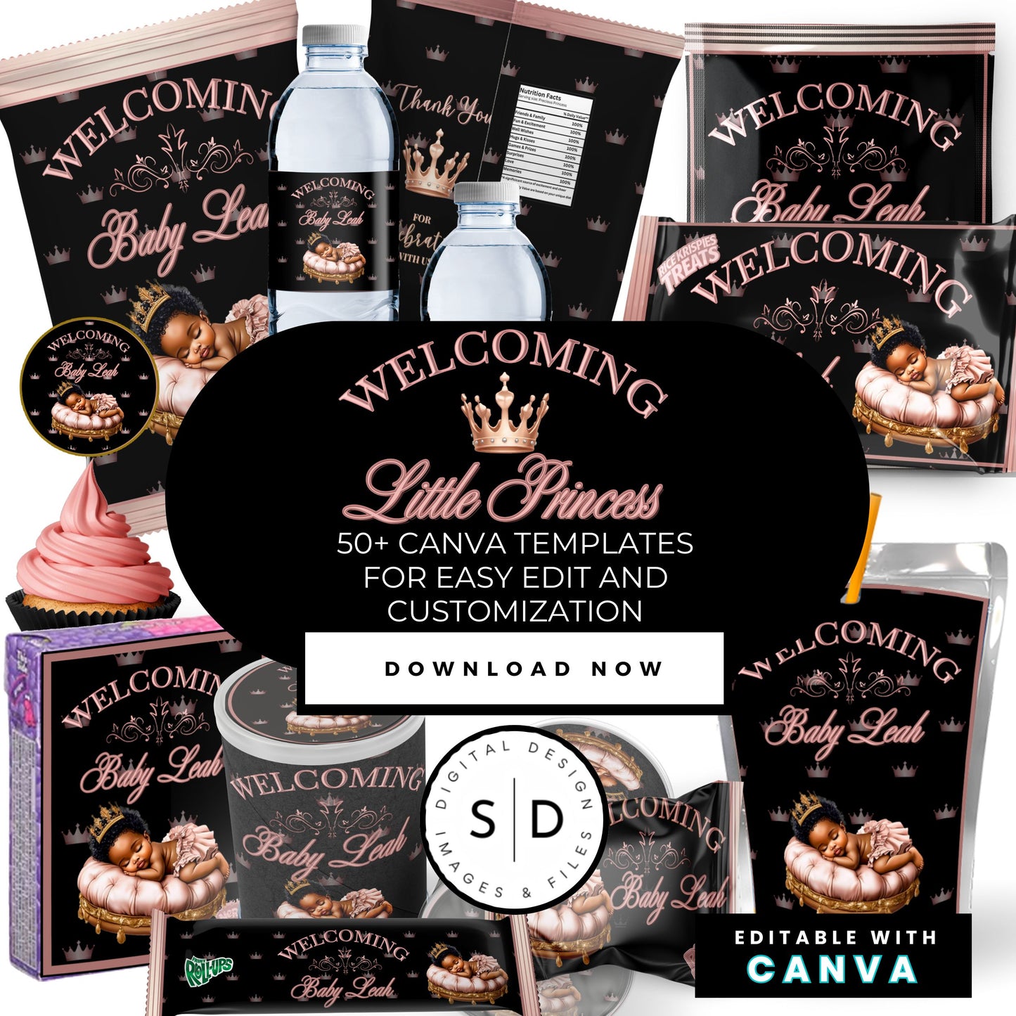 Welcoming Little Princess Baby Shower Canva Templates Bundle