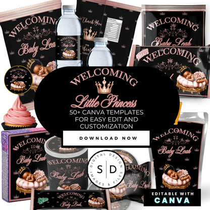 Welcoming Little Princess Baby Shower Canva Templates Bundle