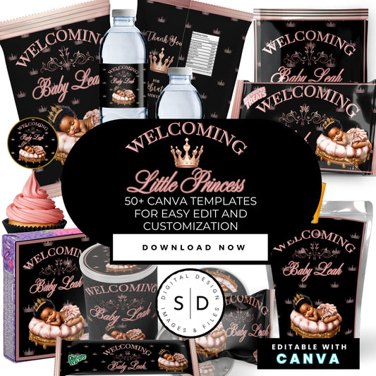 Welcoming Little Princess Baby Shower Canva Templates Bundle