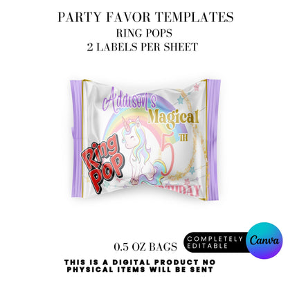 Magical Unicorn Birthday Party Favor Templates