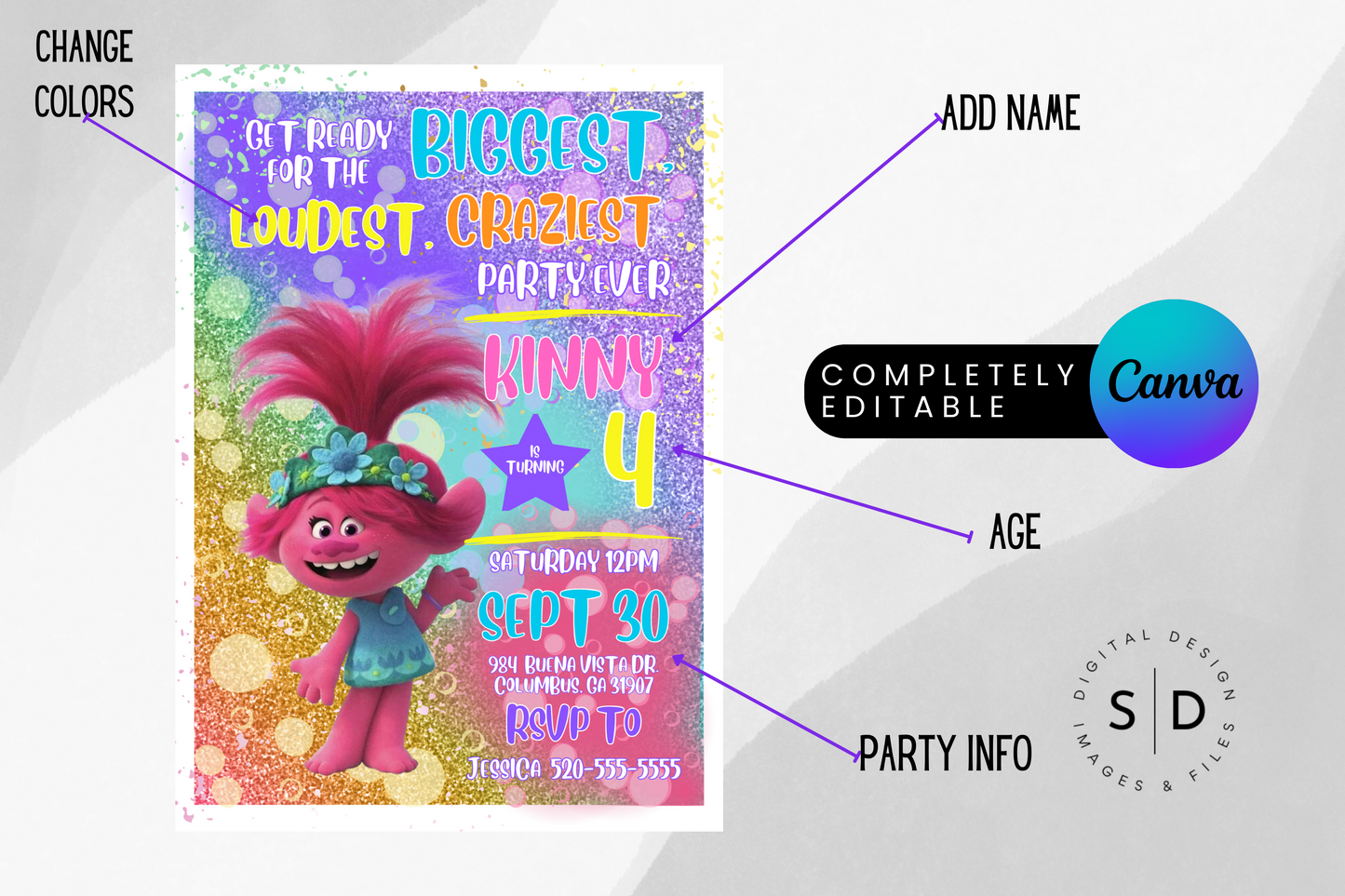 Trolls Crazy Party Birthday Party Invitation