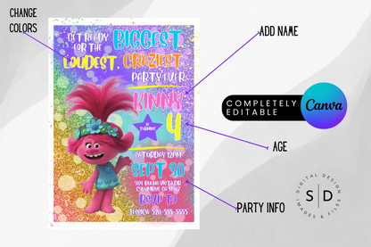 Trolls Crazy Party Birthday Party Invitation