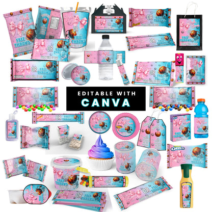Pink Bows or Free Throws Gender Reveal Party Favor Canva Template Bundle
