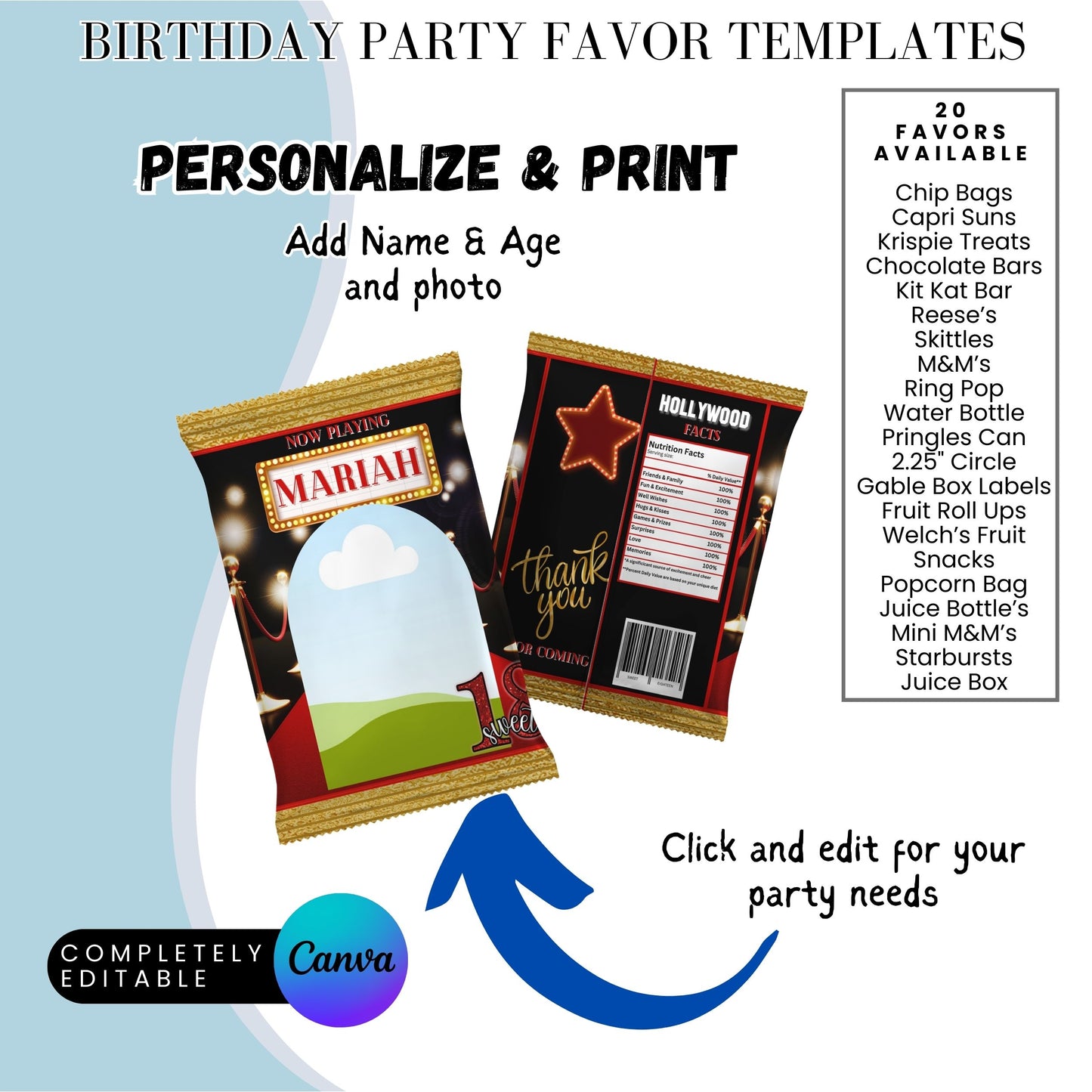 Hollywood Red Carpet Birthday Party Favors Templates Bundle