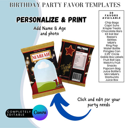 Hollywood Red Carpet Birthday Party Favors Templates Bundle