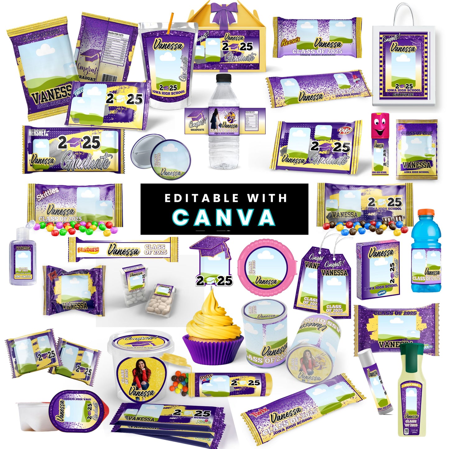 Congrats Class of 2025 – Purple & Yellow Graduation Party Favor Bundle