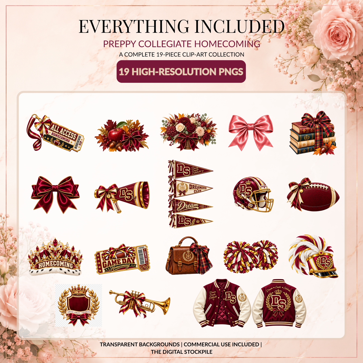 Preppy Collegiate Homecoming Clipart Bundle | 19 PNG Files