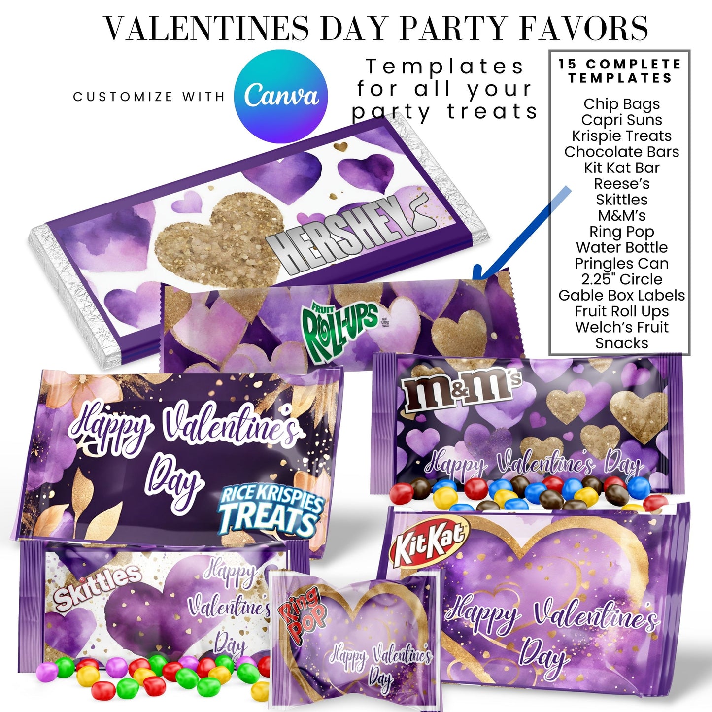 Purple Gold Valentines Party Favors Templates Bundle