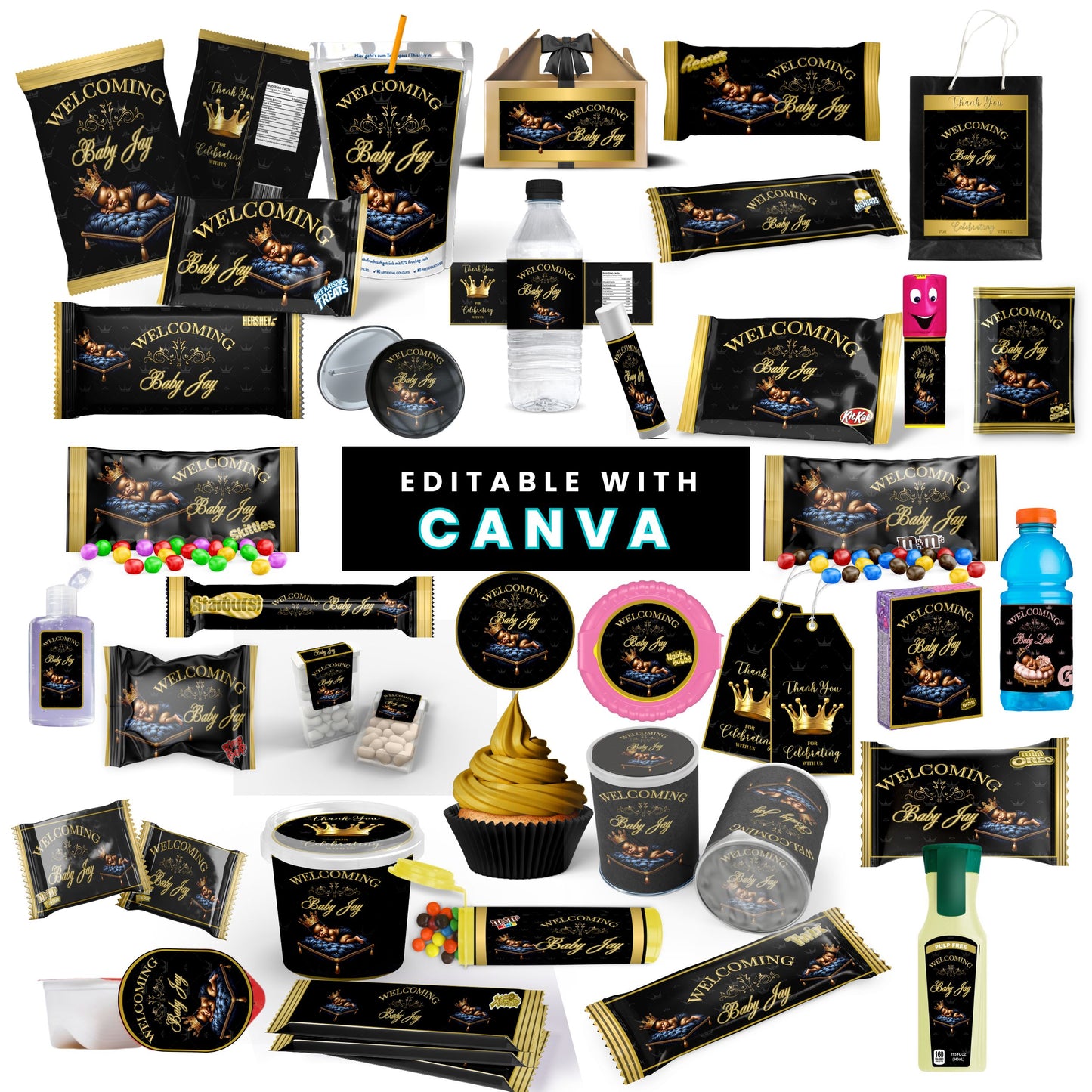 Welcoming Little Prince Baby Shower Canva Templates Bundle