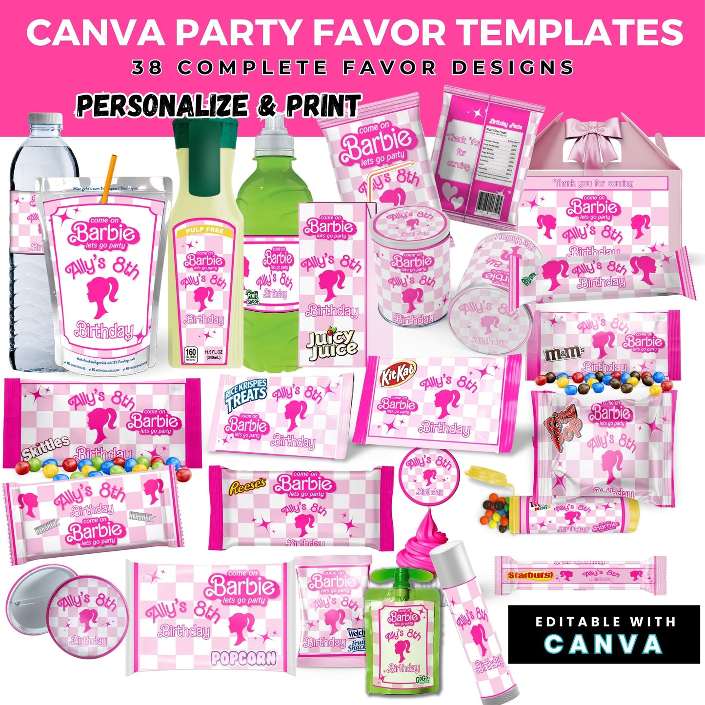 Let's Go Party Retro Barbie Birthday Party Favor Templates