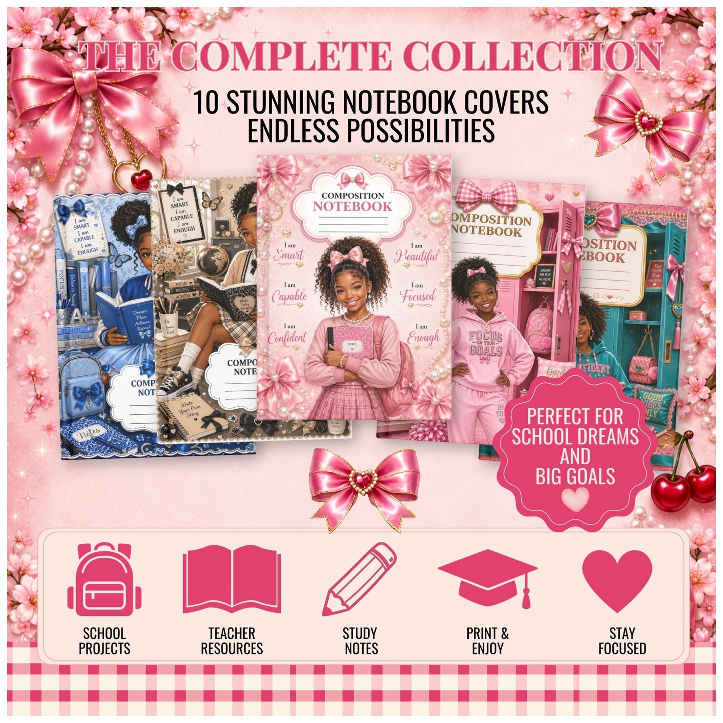 Coquette & Preppy Composition Notebook Cover Bundle | 10 Luxury School Cover Designs
