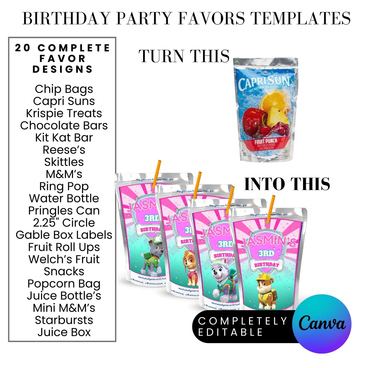 Pink Puppy Patrol Birthday Party Favor Templates Bundle