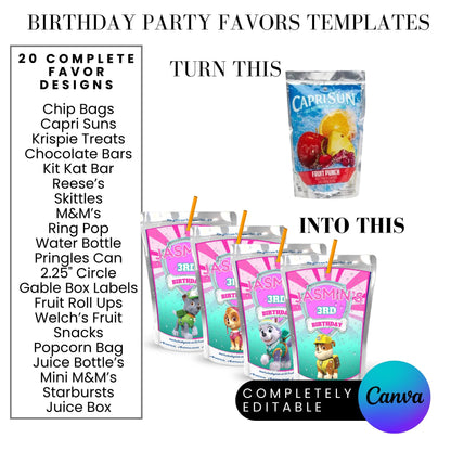 Pink Puppy Patrol Birthday Party Favor Templates Bundle
