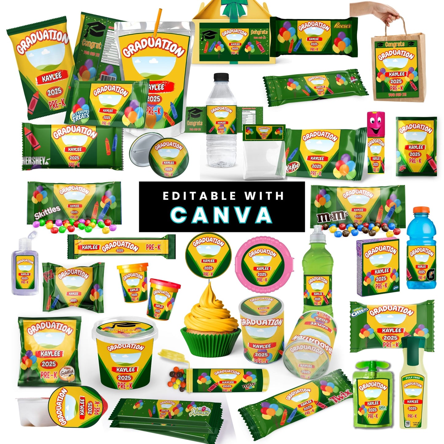 🎓 Crayon Graduation Party Favor Canva Template Bundle