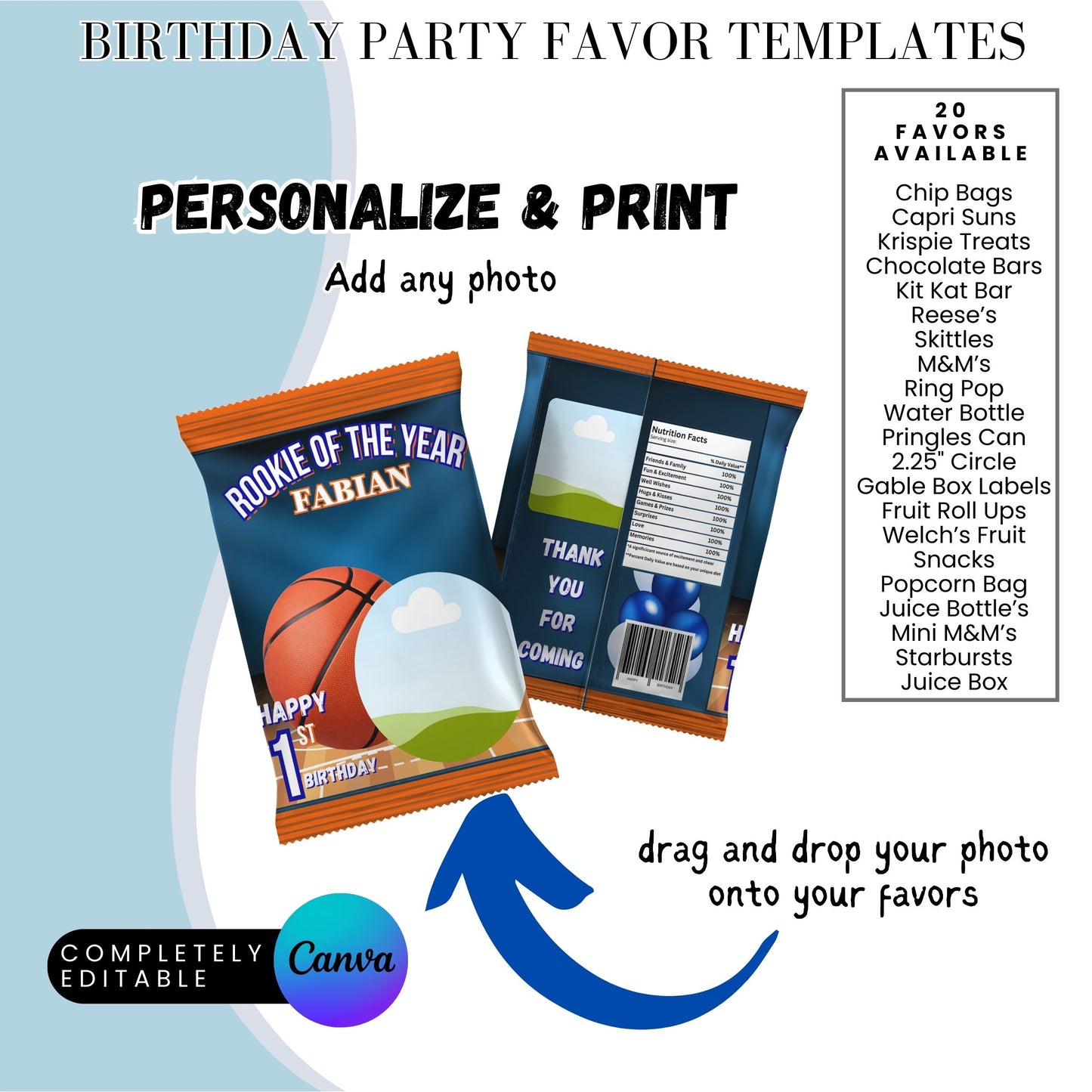 Rookie of The year Basketball Birthday Party Favor Templates Bundle