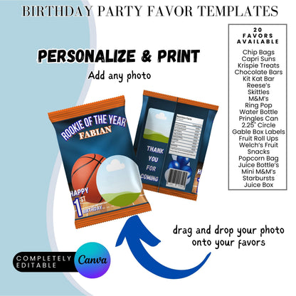 Rookie of The year Basketball Birthday Party Favor Templates Bundle