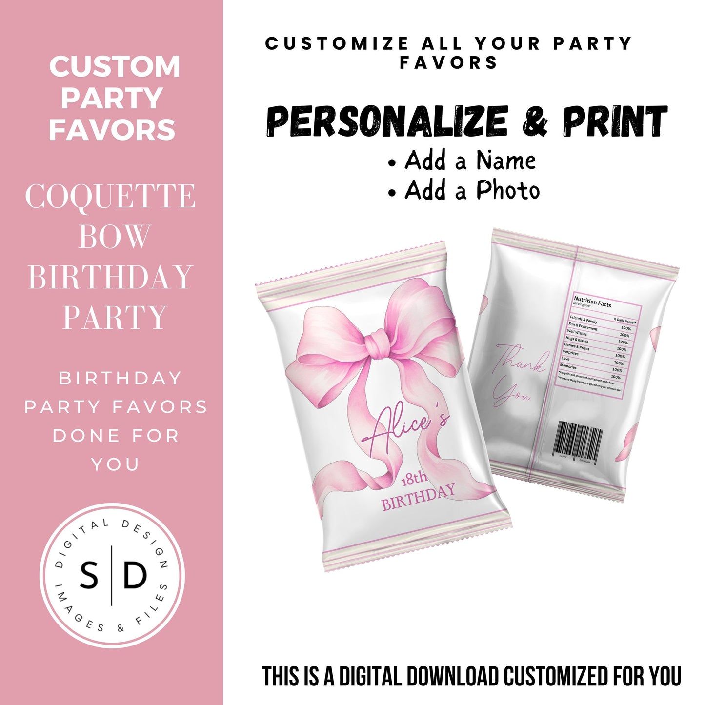 Pink Coquette Bow Party Favor Canva Template Bundle 🎀✨
