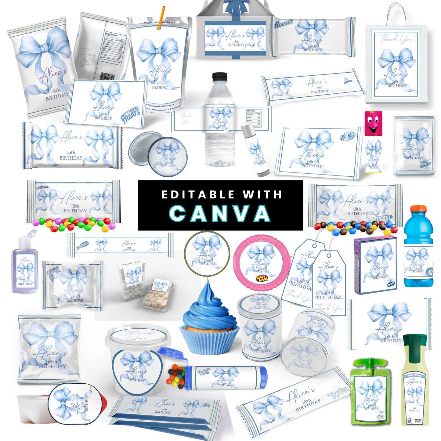 Dusty Blue Coquette Bow Party Favor Canva Template Bundle ✨