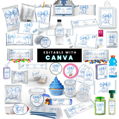 Dusty Blue Coquette Bow Party Favor Canva Template Bundle ✨